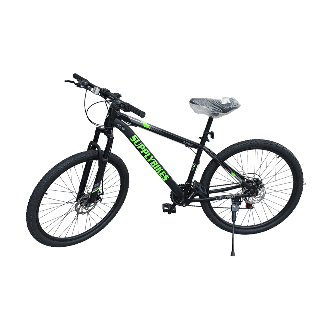 BICICLETA RIN 27.5 MTB SUPPLY BS008 NEGRO/VERDE CUADRO ACERO FRENO DISCO HORQUILL SUSPENSION